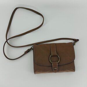 Frye Small Leather Crossbody Bag / Clutch Gold Tan Brown Wallet Purse w/ Ring